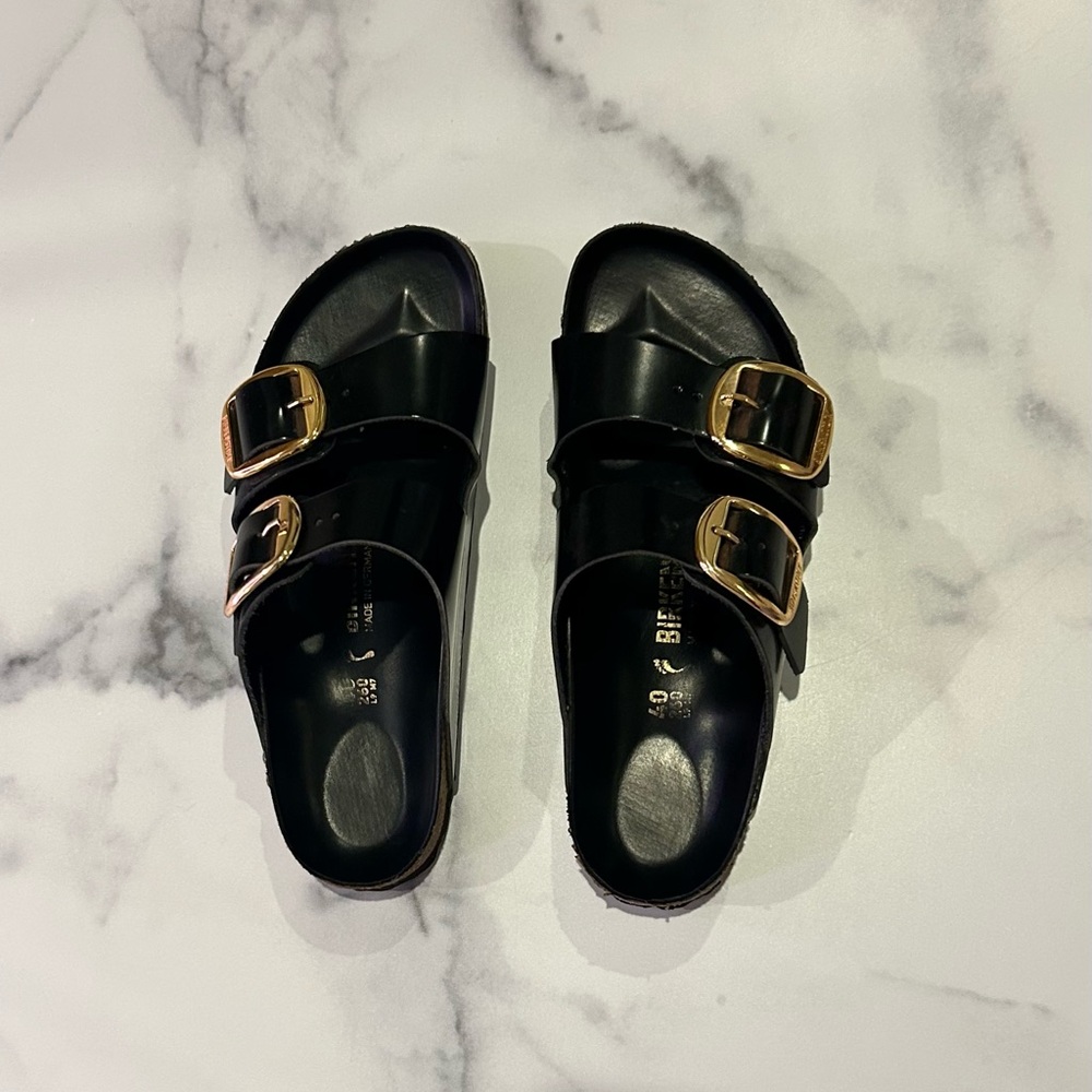Birkenstock Black Sandals with Gold Buckles - Two-Strap Slide